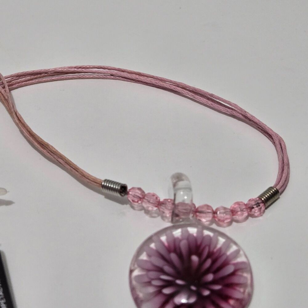 Handmade Art Glass Pink Floral Pendant Necklace Cottagecore Flower Jewelry